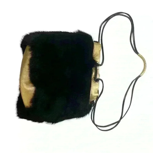 Foley & Corinna Faux Fur Black Handbag Purse Gold trim Special Occasion Fun - Picture 11 of 15
